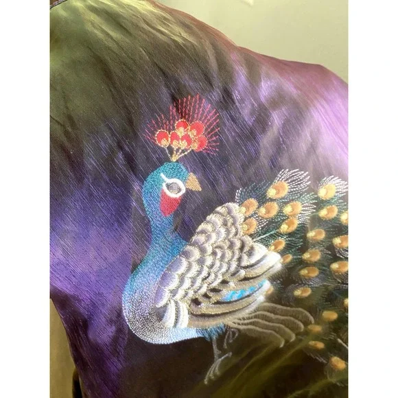 Vintage Anis USA Iridescent Peacock Jacket Kimono L Silk Top Boho Slow Phoebe - Picture 5 of 12